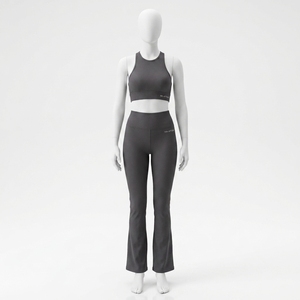 <b>Women</b> Ribbed Yoga Set Charcoal <b>Crop</b> Tank Sports Bra Flare <b>Leggings</b> Gym Fitness Workout Activewear Two Piece Set - Product Image 2