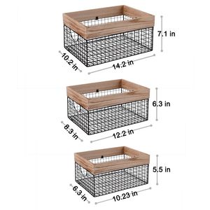 Set di 3 Cestini Portaoggetti in Filo Metallico con Coperchio in Legno e Manici Integrati, Organizer per Cucina, Lavanderia, Cameretta - Product Image 2