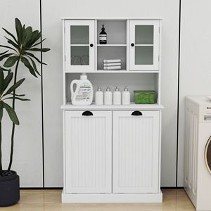 Mobiletto Alto da Bagno Bianco a Due Scomparti con Cesto per Biancheria Sporca Ribaltabile e 2 Ripiani Regolabili - Product Image 2