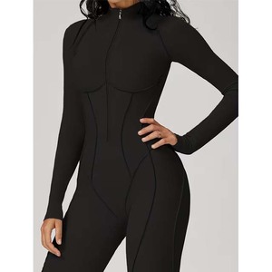Combinaison moulante noire unie à manches longues et taille haute pour femme avec fermeture éclair, effet ventre plat, idéale pour le yoga - Product Image 3