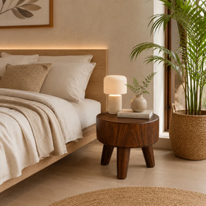 Minimalist Contemporary Solid Suar Wood <b>Side</b> <b>Table</b> Round Pedestal <b>Rustic</b> Style Accent <b>Table</b> Natural Dark Grain Design - Product Image 6