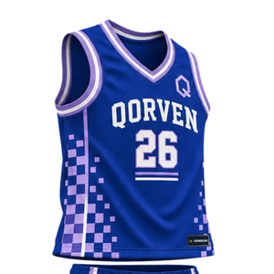 Ensemble d'uniformes de basket-ball personnalisés pour hommes, bleu et violet, col en V, maillot sans manches, short, imprimé damier, nom et numéro de l'équipe, kit en gros - Product Image 4