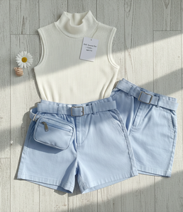Girls Summer Ribbed Cotton Outfit Set | Sleeveless Top & Belted Shorts with <b>Mini</b> <b>Pouch</b> | Kids Casual Wear Bulk Supplier - Product Image 5