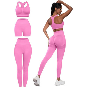 Conjunto de Yoga Rosa para Mujer, Ropa Deportiva, Sujetador Deportivo Transpirable y Leggings Cortos de Compresión, Ropa Elástica para Entrenamiento en el Gimnasio - Product Image 4