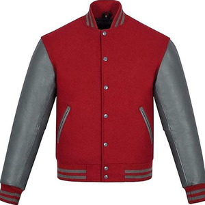 Custom <b>Red</b>/Grey <b>Wool</b> & Genuine Leather Waterproof Quick-Dry Eco-Friendly Unisex Varsity Jacket with Custom Logo - Product Image 1