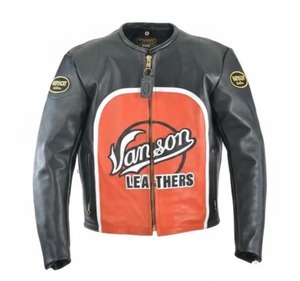 Chaqueta de cuero de vaca Vanson para carreras – Chaqueta estilo motociclista negra y naranja - Product Image 1