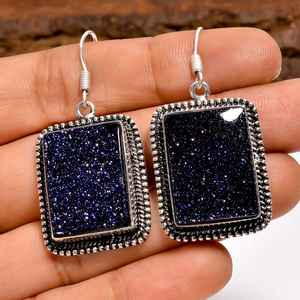 Pendientes colgantes de plata de ley con piedra azul dorada, hechos a mano, estilo bohemio, con gemas, regalo para mujer - Product Image 3