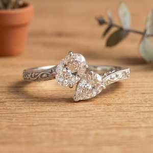 <b>Boho</b> Style Oval And Pear Cut Lab Grown Toi Et Moi Diamond Solitaire Engagement <b>Ring</b> Solid Gold Prong Set Vintage Wedding <b>Ring</b> - Product Image 2