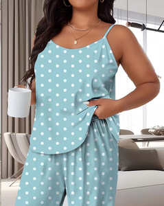 Women Polka Dot Pajama Set Sleeveless Knitted Sleepwear Full Length Pants Elastic Waist Soft Summer Casual Loungewear - Product Image 5