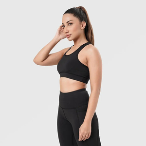 Soutien-gorge de sport dos nageur noir uni pour femme, sans couture, maintien moyen, haut de yoga et d'entraînement, respirant, vêtement de fitness en Spandex/Nylon à séchage rapide - Product Image 3
