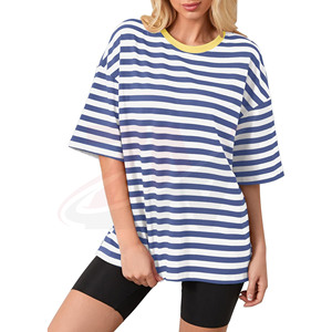 Camiseta de Mujer a Rayas Azules y Blancas, Cuello Redondo, Holgada, Manga Corta, Tejida, Transpirable, Informal, para Primavera/Verano - Product Image 1