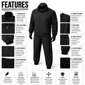 Men's <b>Black</b> <b>Windbreaker</b> Tracksuit Set Full Zip Jacket With Side Pockets And Drawstring Pants Casual Autumn Wear - Product Image 5