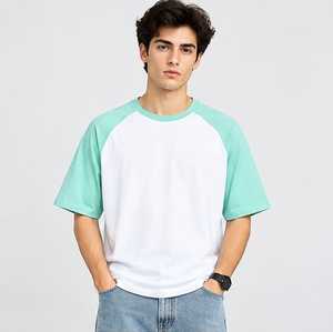 Camiseta de Hombre con Bloques de Color, Manga Raglán, Cuello Redondo, Corte Regular, Casual, 100% Algodón, Blanco Sólido con Ribete en Verde Menta, Transpirable - Product Image 6
