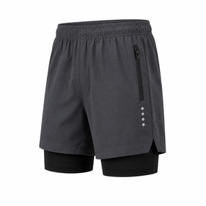 Shorts de sport pour hommes, gris uni, taille élastique, séchage rapide, en polyester tricoté, mi-longueur, avec poche zippée - Product Image 2