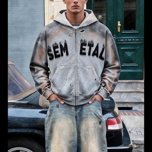 Sudadera con capucha y cremallera de corte holgado y extragrande, gris con estampado de llamas y efecto desgastado, con bolsillo, de felpa francesa, estilo urbano, LOGO personalizado - Product Image 4