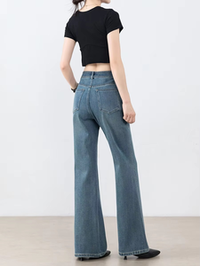 Jean évasé taille haute pour femme, coupe décontractée, délavage vintage bleu moyen, style streetwear - Product Image 2