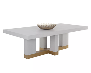 Table de salle à manger moderne en bois de manguier massif de style américain du milieu du siècle, avec base à 4 pieds et cadre inférieur en métal finition dorée - Product Image 1