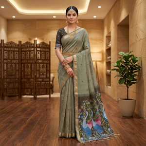 Sari traditionnel en coton avec tissage à motif paon pour femmes, idéal pour les mariages et les festivals, style indien - Product Image 4