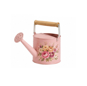 บัวรดน้ำโลหะสีชมพูพร้อมลายดอกไม้ ด้ามจับไม้ อุปกรณ์ทำสวน ทนทาน - Product Image 1