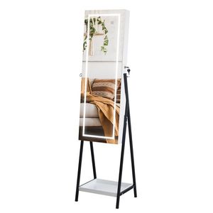 Specchio da terra in legno con 1 ripiano, illuminazione LED a 3 colori, 8 luci interne bianche, per gioielli e trucco - Product Image 3