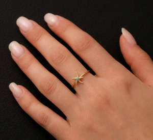 925 Sterling Silver Gold Plated Starfish Design <b>Ring</b> With Turquoise Stone Minimalist Style Unisex Everyday Wear Gemstone <b>Ring</b> - Product Image 3