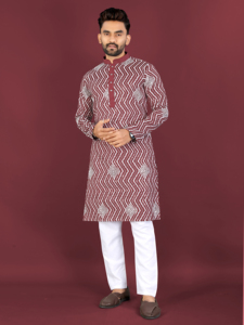 Ensemble Kurta Pajama pour homme, motif géométrique marron et blanc, longueur genou, tenue ethnique traditionnelle pour mariage - Product Image 1