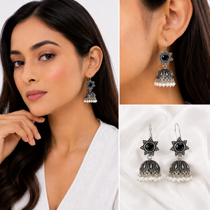 Bulk Price Black Blue Stone Jhumki <b>Earrings</b> Oxidized <b>Silver</b> Indian <b>Dangle</b> <b>Earring</b> Boho Ethnic Jewelry Pearl Jhumka Gift 4 Women - Product Image 4
