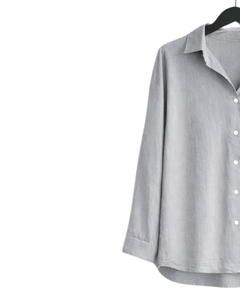 Ensemble deux pièces en lin gris clair pour femmes, chemise à manches longues boutonnée et pantalon à jambes larges à taille élastique, tenue décontractée - Product Image 3