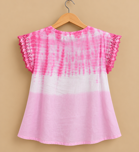 <b>Pink</b> Tie Dye Chiffon Blouse With <b>Lace</b> Cap Sleeves O-Neck Loose Fit Casual <b>Top</b> Women Spring Summer Wear - Product Image 1