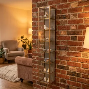 Modern <b>Wall</b> <b>Mounted</b> Glass <b>Shelf</b> with Brass Frame Five Tier Storage Organizer Hut Shape Lacquer Finish for Living Room Decor - Product Image 3