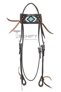 Ensemble de têtière et de collier de poitrine pour cheval de style western haut de gamme, en cuir ciselé à la main avec incrustation de turquoise, équipement équestre - Product Image 4
