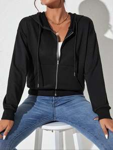 Women's <b>Black</b> <b>Zipper</b> <b>Hoodie</b> Solid Color Cotton Knitted Full Sleeve Casual Autumn Wear Breathable Pocket Design - Product Image 3