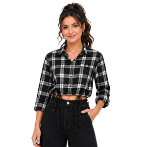 Checkered Black White women's shirt Button Down Crop Shirt <b>Long</b> <b>Sleeve</b> Casual <b>Top</b> Adjustable Hem Drawstrings Custom Logo Regular - Product Image 1