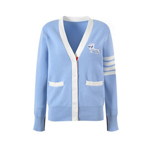 Cardigan en tricot bleu clair à col en V avec broderie chien et bordure blanche, manches longues, style printemps, pour homme et femme - Product Image 1