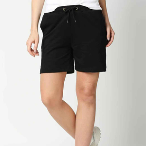 Shorts de punto de algodón negros para mujer, cintura media, con cordón, bolsillos casuales, transpirables, corte regular, estilo streetwear lavado a la piedra - Product Image 6