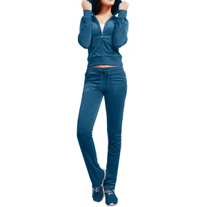 Conjunto Deportivo Azul con Capucha para Mujer, Pantalones Largos de Color Sólido, Casuales, con Bolsillos Laterales, Transpirables, para Otoño - Product Image 1