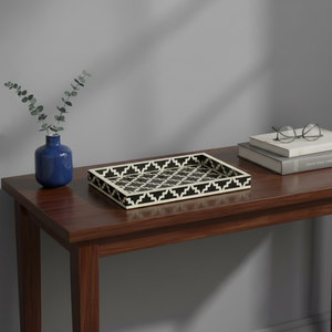 Luxury Bone Inlay Serving Tray Black White | Handmade Geometric Decorative Tray | Elegant <b>Coffee</b> <b>Table</b> Organizer with Handles - Product Image 4