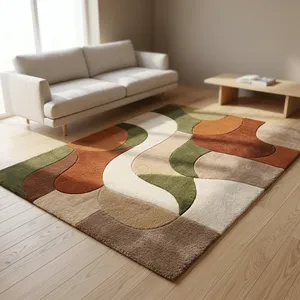 Tapis rectangulaire moderne abstrait en laine et acrylique, tufté, moelleux, antidérapant, style mid-century pour salon - Product Image 4