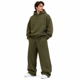 Conjuntos de Ropa Urbana Unisex Verde Oliva: Sudaderas Extra Grandes con Logotipo 3D en Relieve Personalizado y Pantalones Deportivos Anchos de Algodón Grueso - Product Image 1