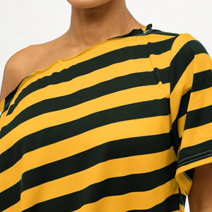 T-shirt rayé décontracté à manches courtes et épaules dénudées pour femme 2026, tricoté à la taille, ample, respirant, écologique, 100 % coton, été - Product Image 4