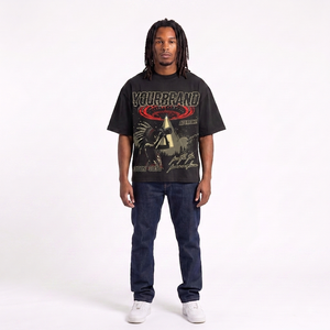 YOUR BRAND เสื้อยืดแขนสั้นสีดำสำหรับผู้ชายพิมพ์ลาย UFO Alien Attack ลำลองคอกลมทรงปกติเสื้อยืดผ้าฝ้ายเจอร์ซีย์ - Product Image 4