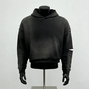 Sweat-shirts à capuche OEM Premium pour hommes, style streetwear, en molleton, coupe courte et ample, épaules tombantes, effet vieilli et délavé soleil, bords bruts, pour l'hiver - Product Image 1