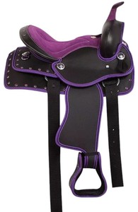 Selle Western Personnalisable de Haute Qualité pour l'Équitation, en Cuir Véritable Violet et Noir, avec Quincaillerie Nickelée et Arceau en Bois - Product Image 6