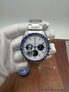 นาฬิกาข้อมือหรูหรา ระดับมืออาชีพ คุณภาพสูง สไตล์ฮิปฮอป หน้าปัดสีขาว ขอบสีน้ำเงิน โครโนกราฟ สายสแตนเลส สตีล เครื่องกลไก ETA พร้อมฟังก์ชั่นวันที่ - Product Image 3