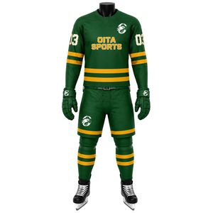 Ensemble de hockey sur glace vert or pour hommes : maillot, short, chaussettes, gants – Tenue d'équipe professionnelle légère pour le sport athlétique - Product Image 1