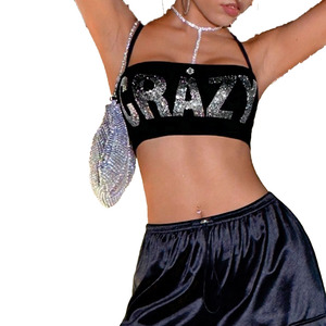 Haut court tendance pour femme avec lettres en strass, bretelles personnalisées, style streetwear, débardeur scintillant sans manches, chemise pour femme - Product Image 4