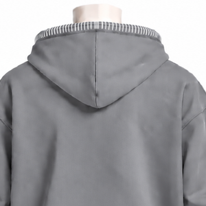 Gray Stitched Border Distressed Pullover <b>Hoodie</b> Heavyweight Sweatshirt Contrast <b>Stitch</b> Kangaroo Pocket Casual - Product Image 4