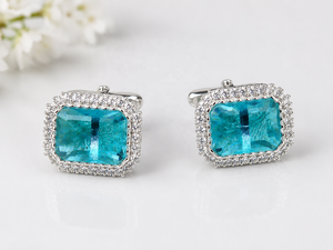 Mancuernillas de Aguamarina Personalizadas al por Mayor para Hombre, Acabado en Oro y Plata, Accesorios para Camisa de Novio - Product Image 4