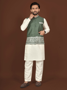 Kurta de Seda Blanca para Hombre con Chaleco Verde Bordado, Traje Tradicional Indio para Bodas y Diwali, Reversible, de Secado Rápido, Corte Regular - Product Image 1