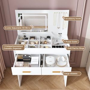 Specchio LED Illuminato con Scrivania per Trucco, 2 Cassetti Ribaltabili, Vano Portaoggetti Aperto, Ganci e Presa Elettrica Integrata - Product Image 6